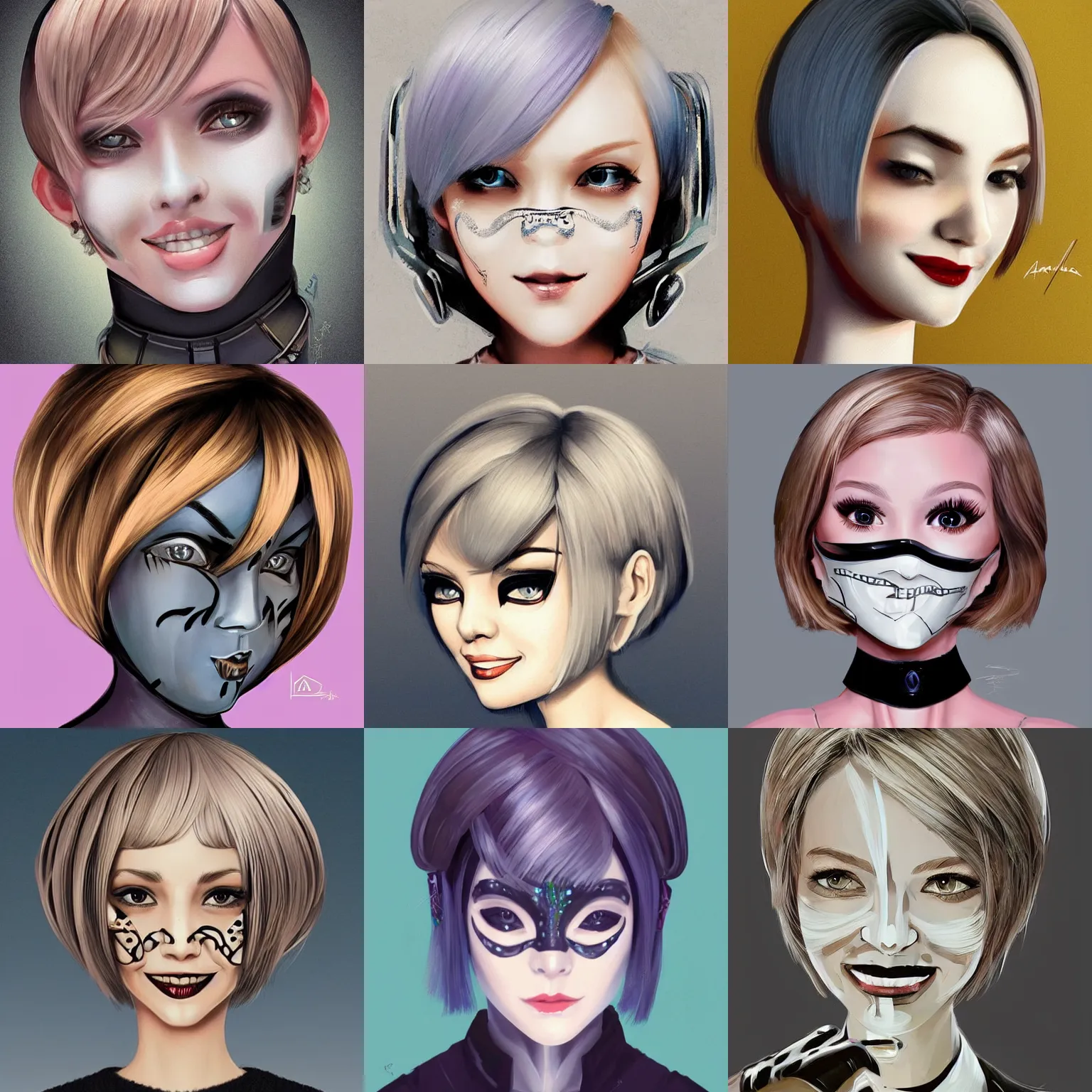 Prompt: android robot girl face painting, black facemask, blond bob haircut, muted colors, matte print, pastel colors, ornate, digital art, cute smile, digital painting, fan art, elegant, pixiv, by Ilya Kuvshinov, by artgerm