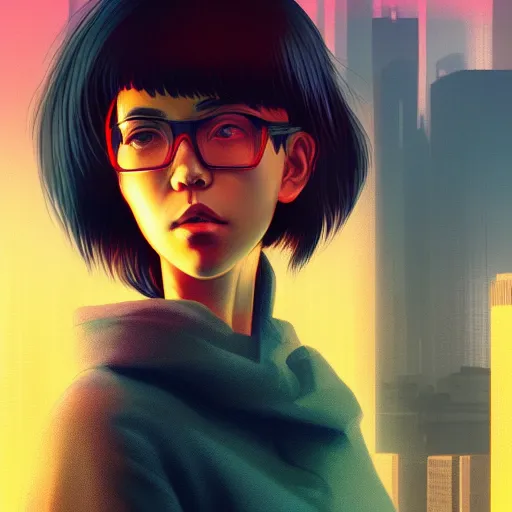 Image similar to a close up of a person with a city in the background, cyberpunk art by Ilya Kuvshinov, cgsociety, photorealism, ilya kuvshinov, cityscape, digital painting