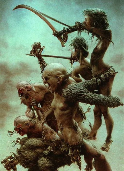 Prompt: bald barbarian girl fights goblins by Beksinski and Luis Royo