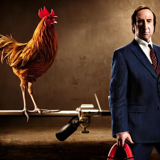 Image similar to saul goodman and a rooster in a saw movie torture chamber, saw movie jigsaw background, saul goodman, rooster, photo