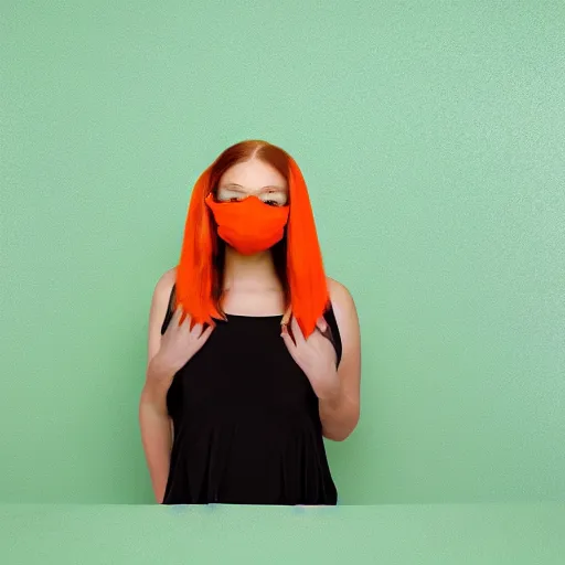 Image similar to portrait of a woman wearing a orange mask, orange background, studio lighting