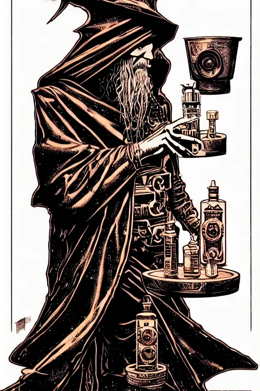 Image similar to cloaked steampunk wizard making a magic potion, high details, intricately detailed, by vincent di fate, inking, 3 color screen print, masterpiece, trending on artstation,, sharp, details, hyper - detailed, hd, 4 k, 8 k