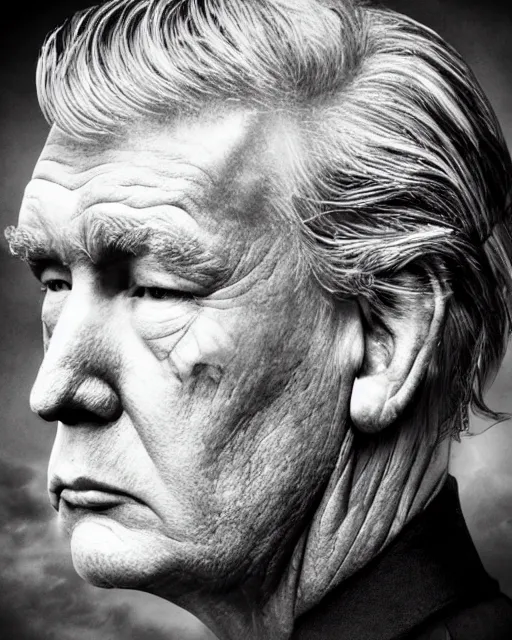 Prompt: a Trump's face in profile, gritty skin, in the style of the Dutch masters and Gregory Crewdson, dark and moody