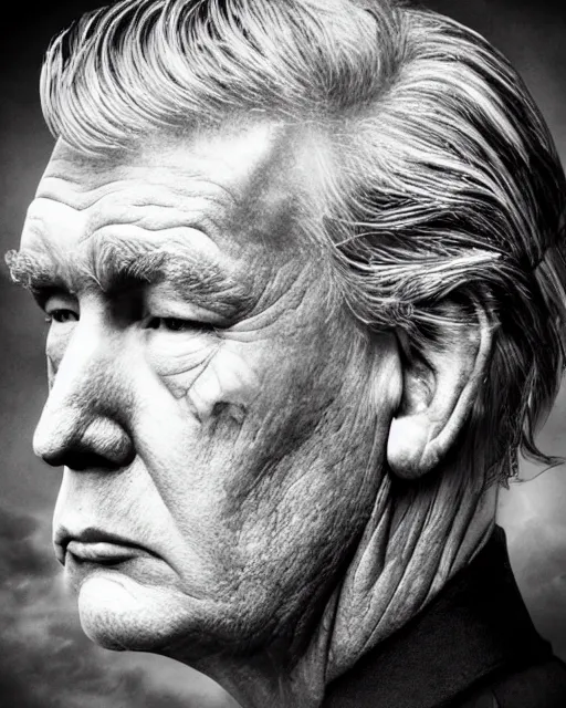 Image similar to a Trump's face in profile, gritty skin, in the style of the Dutch masters and Gregory Crewdson, dark and moody