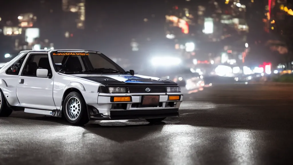 Image similar to a 1 9 8 3 takumi fujiwara's toyota ae 8 6 from initial d anime, cinematic, nikon d 7 5 0, long exposure, white balance, 8 k, led, lumen global illumination, fog, ray tracing reflections, fxaa, rtx, post - production