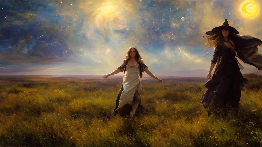 Image similar to a powerful witch floats on a divided horizon, the background is torn between the sun and the moon, in the background you can see the milky way. by Daniel F. Gerhartz, hyperrealistic oil painting, 4k, studio lightning, baroque