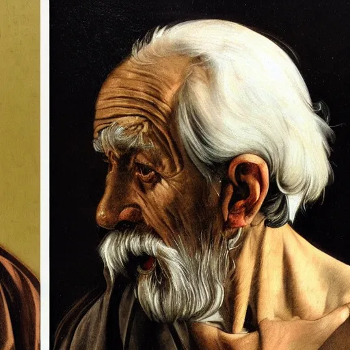 Image similar to detailing character concept portrait of old man by Caravaggio, on simple background, oil painting, middle close up composition