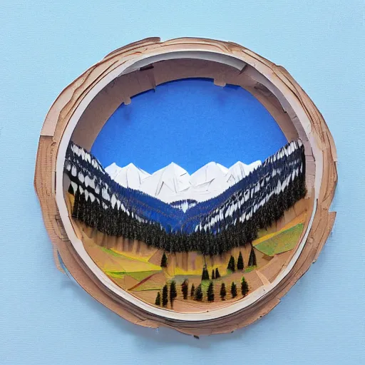 Prompt: a banjo emerging behind the blue ridge mountain range, paper art