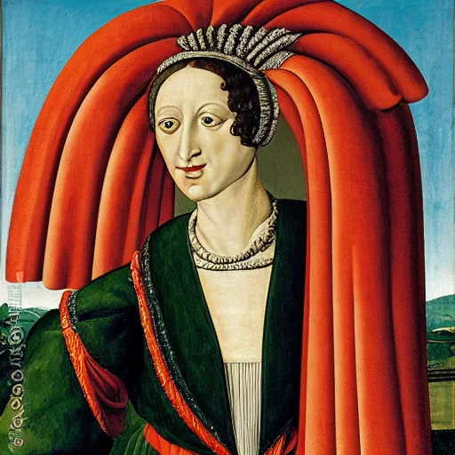 Image similar to portrait of an anthropomorphic flamingo as an italian duchess, sandro bottecelli, 1 5 0 0