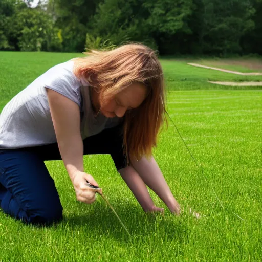 Prompt: photo of a woman bending down touching grass with her hands
