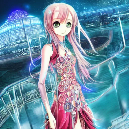 Image similar to a teenage anime android girl wearing a very high intricate detailed dress made out of water standing in a crystal clear lake with a neon lit futuristic city in the background::full body::very long black and red hair::left eye is yellow and right eye is glowing red::heterochromatic eyes::intense stare::cinematic lighting::medium shot::MCU::trending on artstation::CSP::Photoshop::WLOP, Rossdraws, James Jean, Andrei Riabovitchev, Marc Simonetti, Anastasia Ovchinnikova, Véronique Meignaud, BEN MAIER and Sakimichan