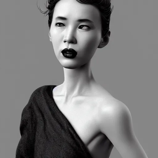 Prompt: a black and white photo of a woman's face, an ambient occlusion render by hsiao - ron cheng, zbrush central, mannerism, zbrush, ambient occlusion, digital painting