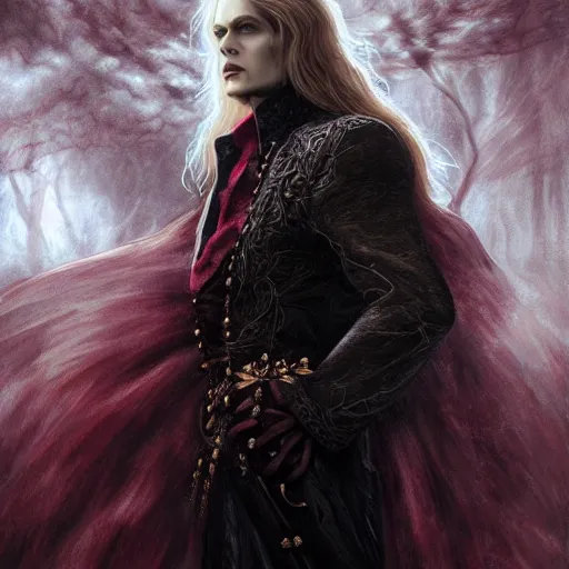 Image similar to Majestic and regal portrait of the vampire Lestat de Lioncourt, intricate, epic, elegant, menacing, fantasy, highly detailed, digital painting, hard focus, beautiful volumetric lighting, epic light, ultra detailed, by Leesha Hannigan, Ross Tran, Thierry Doizon, Kai Carpenter, Ignacio Fernández Ríos