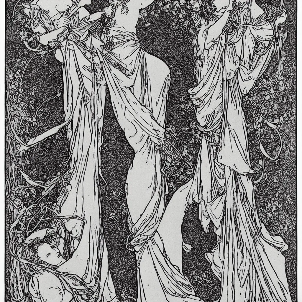 Image similar to a monochromatic art nouveau, engraving by Mucha, engraving by Beardsley