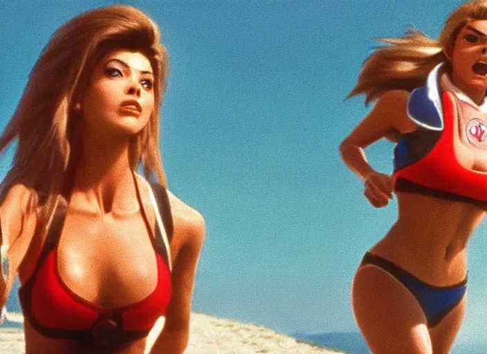 Image similar to a film still of a waman called tracer from overwatch in baywatch ( 1 9 8 9 )