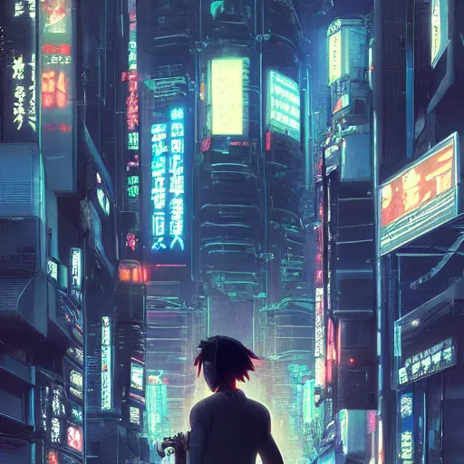 Image similar to a japanese cyberpunk robot, finely detailed features, cyborg robot parts with glowing lights!, dramatic cinematic, night, at cyberpunk city, ghost in the shell, akira, noir, painted by greg rutkowski makoto shinkai takashi takeuchi craig mullins, alphonse mucha, studio ghibli, pixiv