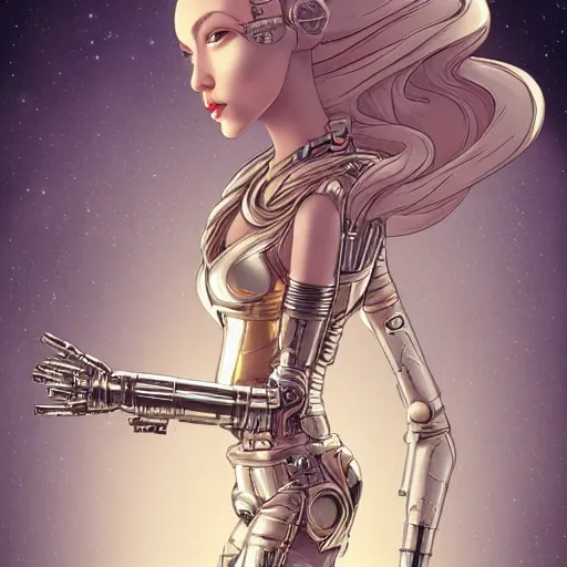 Image similar to gold and silver tones, star wars cybernetic princess, style of moebius, james jean, mcbess, long glowing ethereal hair, cinematic, highly detailed, award winning, 8 k photorealistic