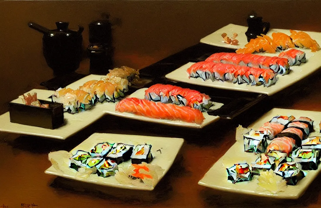 Prompt: a plate of sushi, detailed painting, flat lighting by ilya repin, phil hale and kent williams