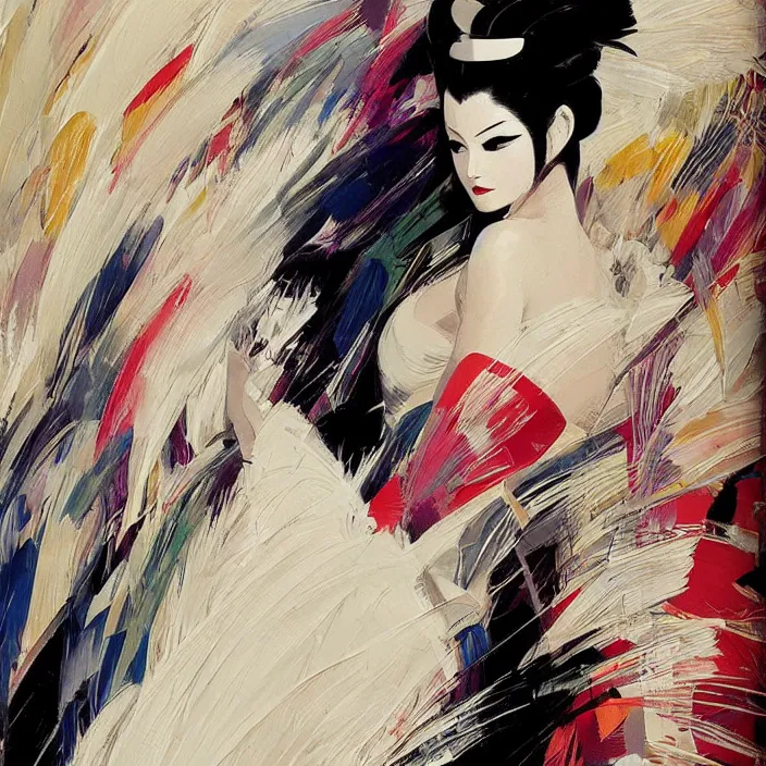 Prompt: feathered geisha, full body, high fashion, futurist, aerodynamic, fragile, intricate, slick, highly detailed, digital painting, neotenous, concept art, smooth, sharp focus, hd, art by syd mead and john berkey and annie leibovitz