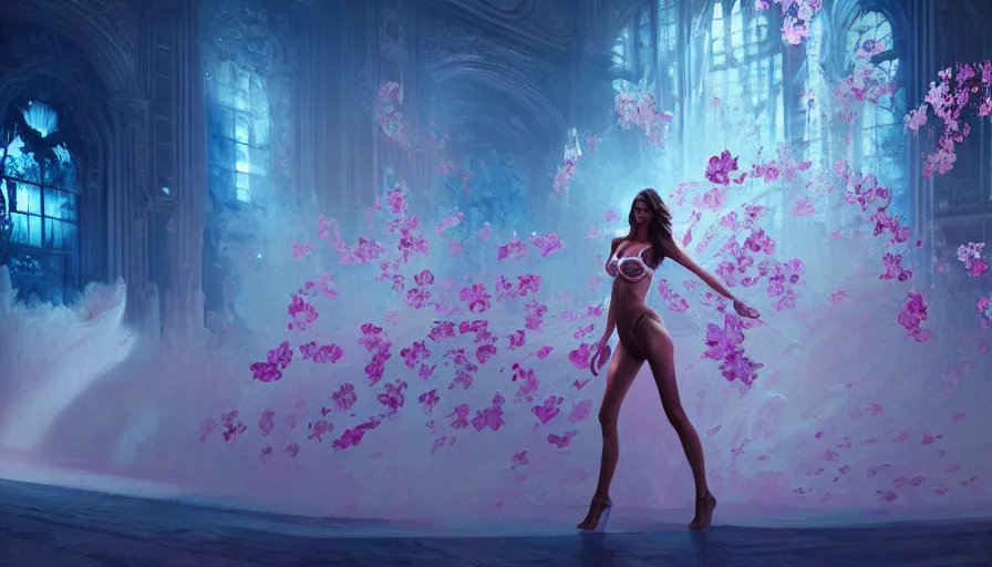 Image similar to victoria secret runway show, light, shadows, reflections, flowers, epic composition, intricate, elegant, volumetric lighting, digital painting, highly detailed, artstation, sharp focus, illustration, concept art, ruan jia, steve mccurry, wlop, artgerm, mina petrovic, timothy kong, marina federovna