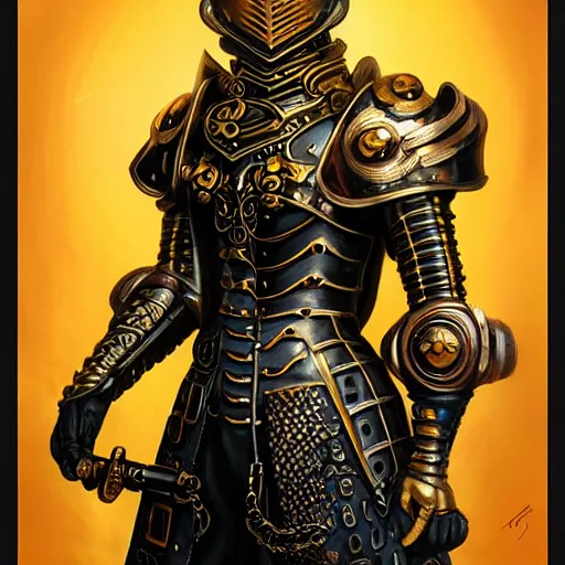 Image similar to Lofi steamPunk portrait dragon knight wearing black and gold plate armor Pixar style by Tristan Eaton Stanley Artgerm and Tom Bagshaw