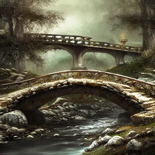 Prompt: stone bridge, river, forest, mysterious, fantasy, concept art, artstation