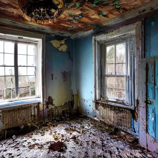 Image similar to abandoned cottage interior filled with iridescent jellyfish