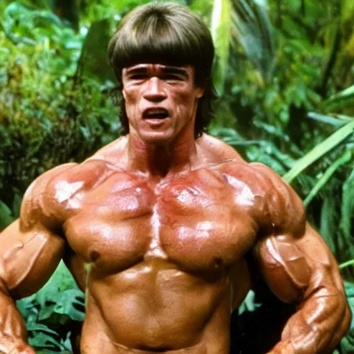 Image similar to a photo of arnold schwarzenegger as rambo, in the jungle, sweat, little dirty, high details