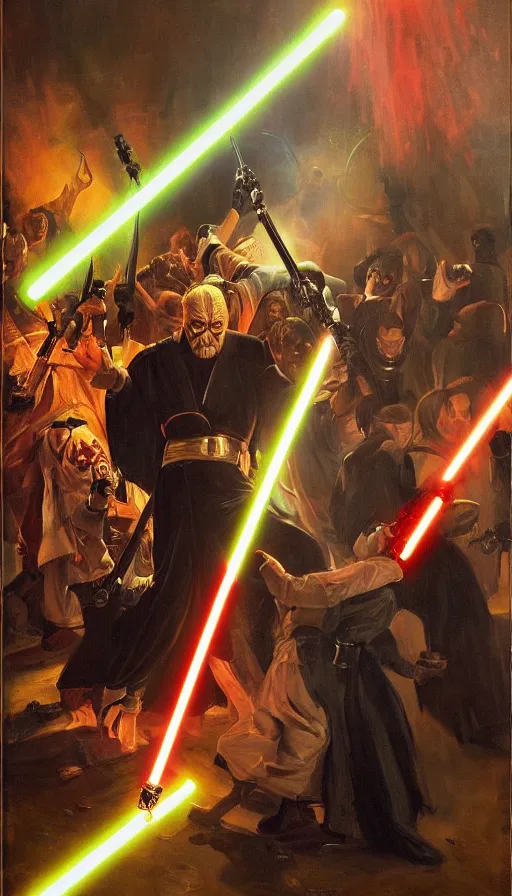 Prompt: painting of evil sith attacking a birthday party, by Peder Krøyer, dramatic lighting, golden hour, epic, intricate detail, canvas print, the sith have lightsabers