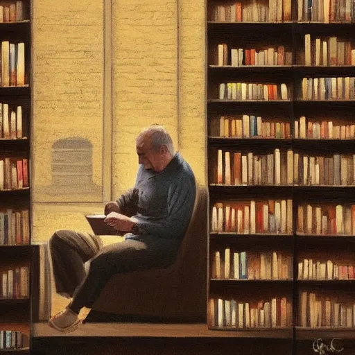 Prompt: a middle aged man in a dimly lit library, pondering over a book and a cup of coffee, art by greg rukowski