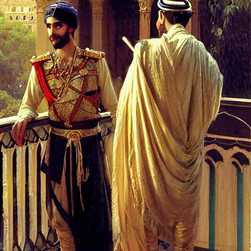 Image similar to attractive arab king confesses his love for his attractive male prince, in a balcony the palace, above river. highly detailed painting by gaston bussiere, craig mullins, j. c. leyendecker