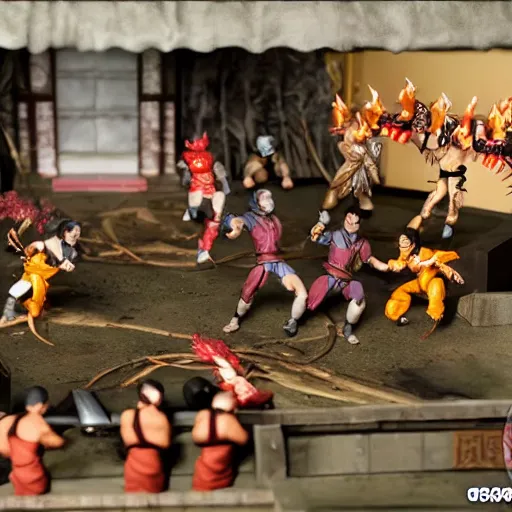 Image similar to photo of figma figures inside a diorama, depicting the cute chibi fighters of mortal kombat brutally fighting each other inside a shaolin temple above a spike - pit.