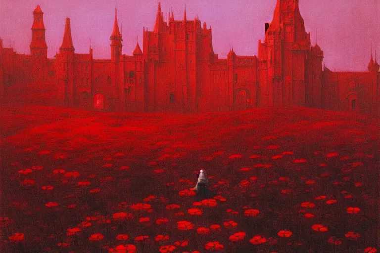 Image similar to only with red, red flowers of different types, red castle in background, red medieval goblins, in the style of beksinski, parts by edward hopper, parts by rodcenko, parts by yue minjun, intricate and epic composition, red by caravaggio, insanely quality, highly detailed, masterpiece, red light, artstation, 4 k