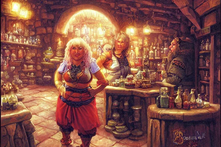 Prompt: short and chubby female dwarf barmaid in a busy dwarven tavern | hyperdetailed | ralph horsley, larry elmore |