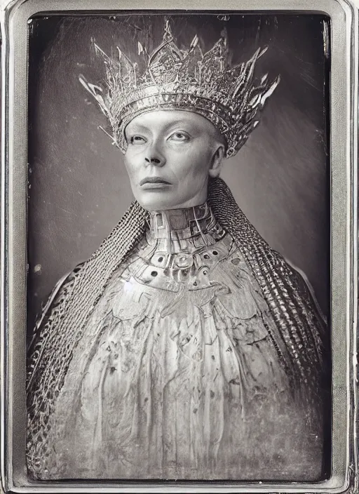 Prompt: old wetplate daguerreotype frame portrait of a futuristic silver armored pretty queen elisabeth emperor district 9 cyborg, fractal, intricate, elegant, highly detailed, subsurface scattering, by jheronimus bosch and greg rutkowski and louis jacques mande daguerre