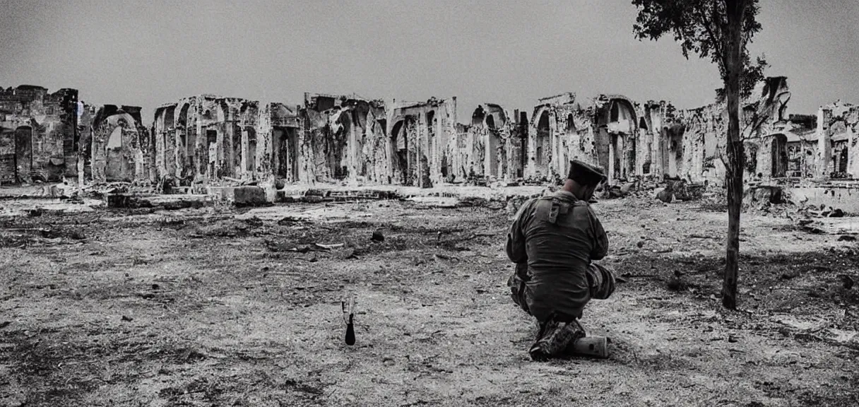 Prompt: “sad soldier, sitting alone, smoking a cigarette, looking at the ruins of his city from a hill”