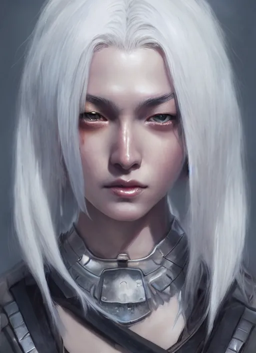 Image similar to girl with shoulder length white hair, steel samurai armor, beautiful highly detailed face, beautiful painting by artgerm and greg rutkowski and raymond swanland