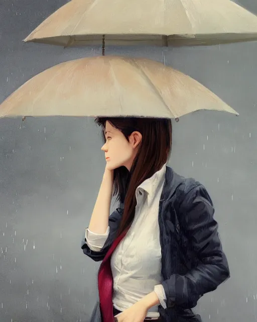 Image similar to A ultradetailed beautiful portrait panting of a stylish girl standing in the rain, she is holding a handgun ,side view, Oil painting, by Ilya Kuvshinov, Greg Rutkowski and Makoto Shinkai