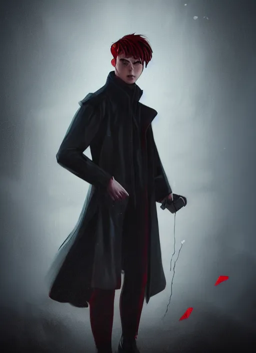 Image similar to An epic fantasy comic book style portrait painting of a young man with black cowlick haircut, wearing black overcoat, red clothes, blue jeans. Unreal 5, DAZ, hyperrealistic, octane render, cosplay, RPG portrait, dynamic lighting