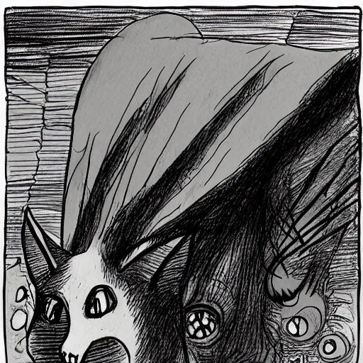 Image similar to Giant monster looking at a cat, Lovecraft sketch