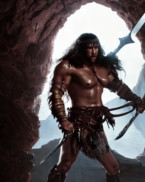 Image similar to closeup Photo of Conan the Barbarian with a sword fighting a fantasy dragon in a dungeon, rim lighting, octane, Natasha Tan, Maciej Kuciara, Edgar Rice Burroughs,