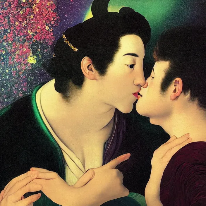 Image similar to close portrait of woman and man kissing. aurora borealis. iridescent, vivid psychedelic colors. painting by caravaggio, agnes pelton, utamaro, monet