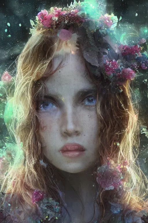 Image similar to elaborately ultradetailed close up portrait of an extremely beautiful girl surrounded by beautiful vines, flowers, an eerie mist and ethereal rainbow bubbles, Aetherpunk, high fantasy matte painting, concept art, smooth, sharp focus, atmospheric lighting, highly detailed illustration highlights, backlight, uplight, Exquisite 8K detail post-processing, award winning picture, sense of awe, featured on DeviantArt