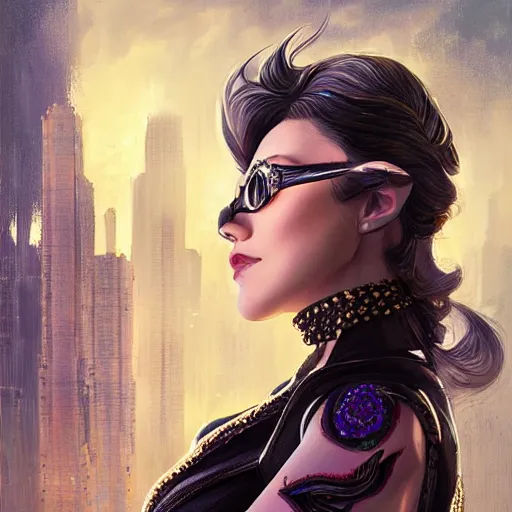 Image similar to a portrait a older anya taylor - joy as bayonetta, urban motifs, intricate, elegant, highly detailed, digital painting, trending on artstation, concept art, smooth sharp focus, illustration, art by artgerm and greg rutkowski