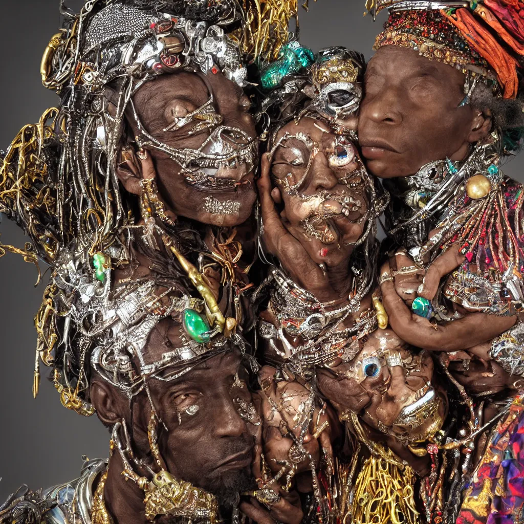 Prompt: a high-resolution color-chrome silverplate photo of a hyper realistic African voodoo priest, kissing a incredible elegant alien rococo Queen with ornate jewelled, sci-fi, high-tech, beautiful low light, style Steve McCurry Octane render 8k