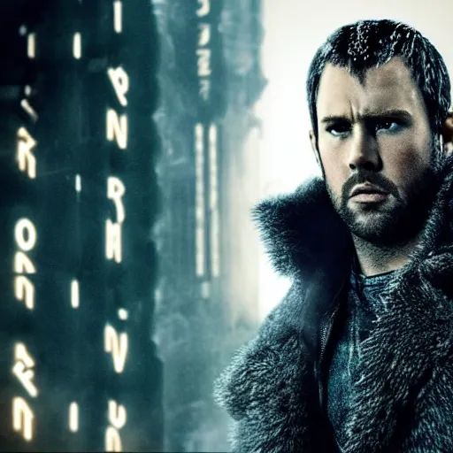 Prompt: Photo of Jarl Balgruuf in Bladerunner 2049, half body shot