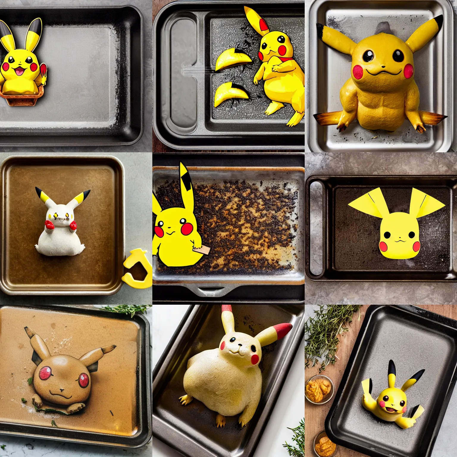 Prompt: roasted pikachu in a baking tray with rosemary and thyme