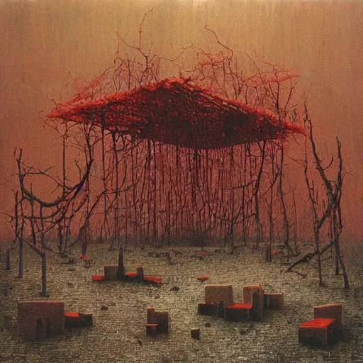 Image similar to surrealist painting of a brutalist building turning into meat, red webs, post apocalyptic, tropical landscape, painted by beksinski