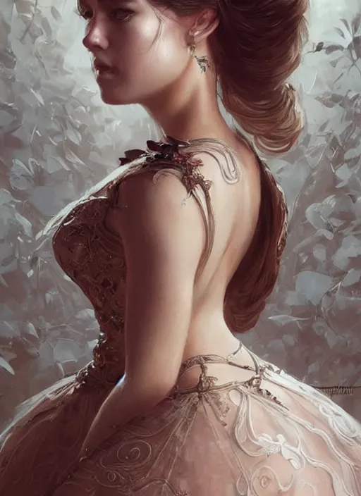 Prompt: a beautiful woman in an elaborate ballgown. beautiful highly detailed face. painting by artgerm and greg rutkowski and magali villanueve.