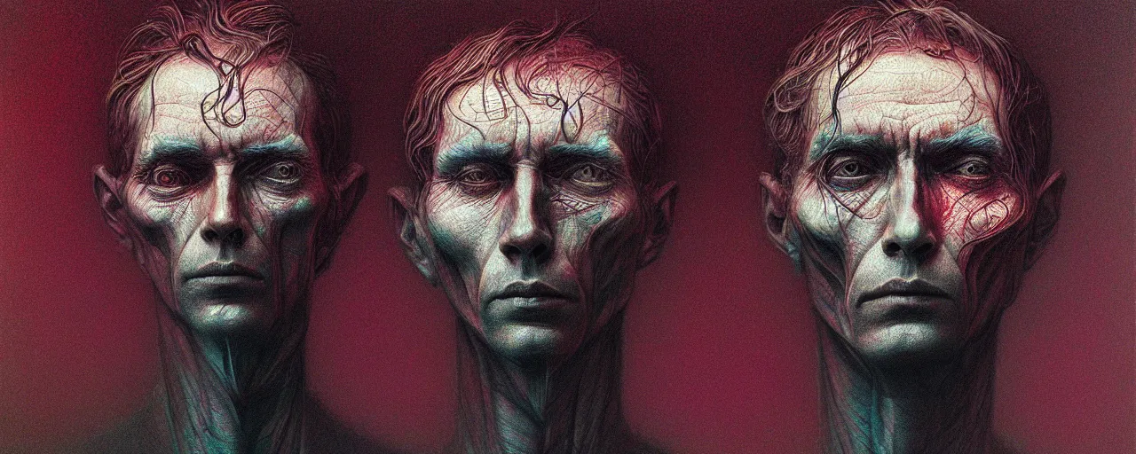 Image similar to portrait of a man in the style of android jones and zdzislaw beksinski